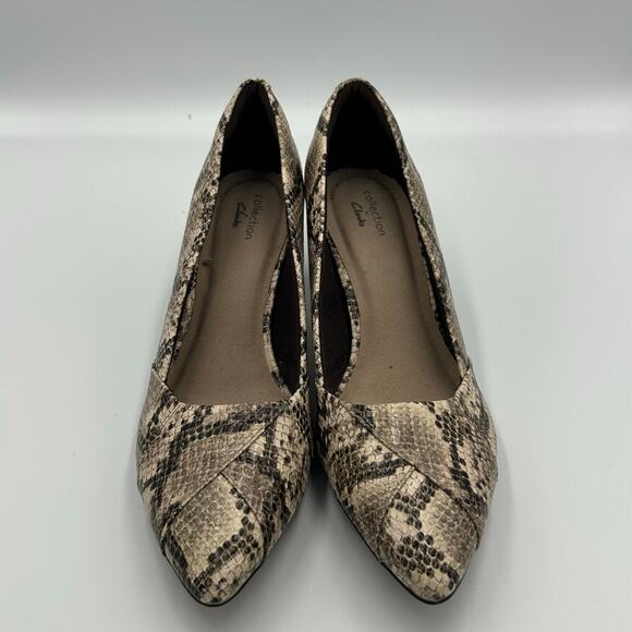 Clark’s Linvale Jerica Taupe Snake Print Leather Kitten Heel, Sz 9.5M - Picture 3 of 6